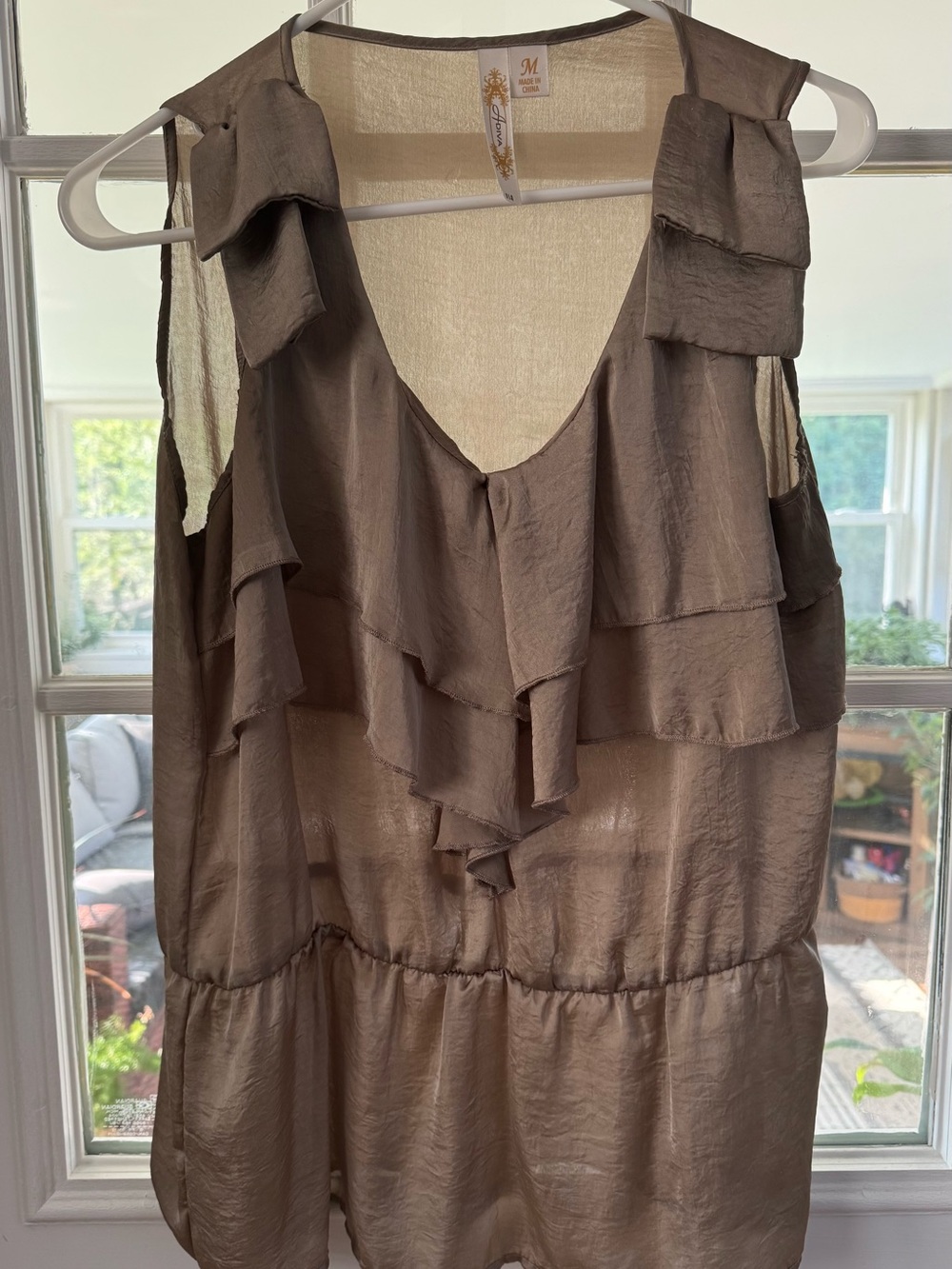 Adiva Taupe Ruffle V-Neck Sleeveless Blouse